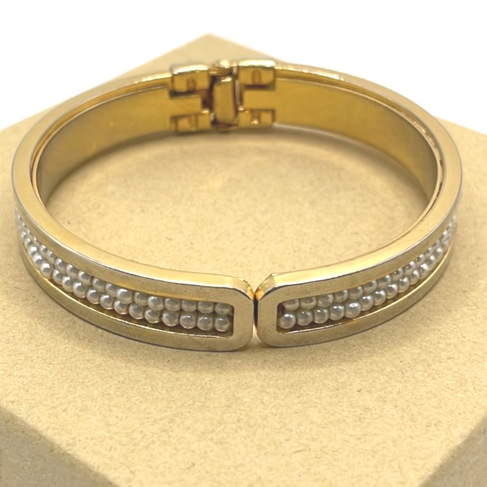 Gold Tone Faux Pearl Channel Hinged Clamper Bracelet SMALL - Picture 2 of 10